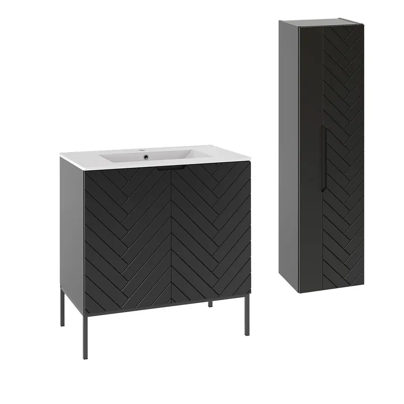 Conjunto de muebles con lavabo individual encastrado 80cm 2 puertas sobre patas y columna Daria Negro - Baño