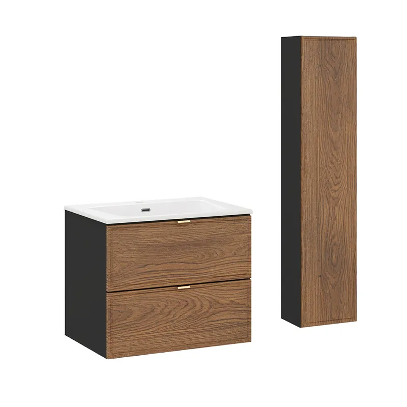 Conjunto de muebles con lavabo individual encastrado 60cm y columna Elena Madera y negro - Baño