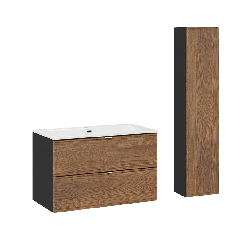 Conjunto de muebles con lavabo individual encastrado 80cm y columna Elena Madera y negro - Baño