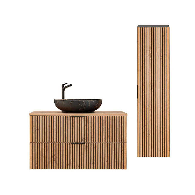 Conjunto de muebles con lavabo individual 100cm y columna Gaia Madera y Negro - Lavabo Negro