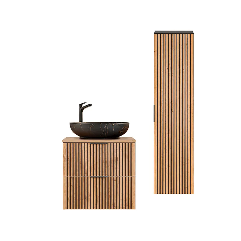 Conjunto de muebles con lavabo individual 60cm y columna Gaia Madera y Negro - Lavabo Negro