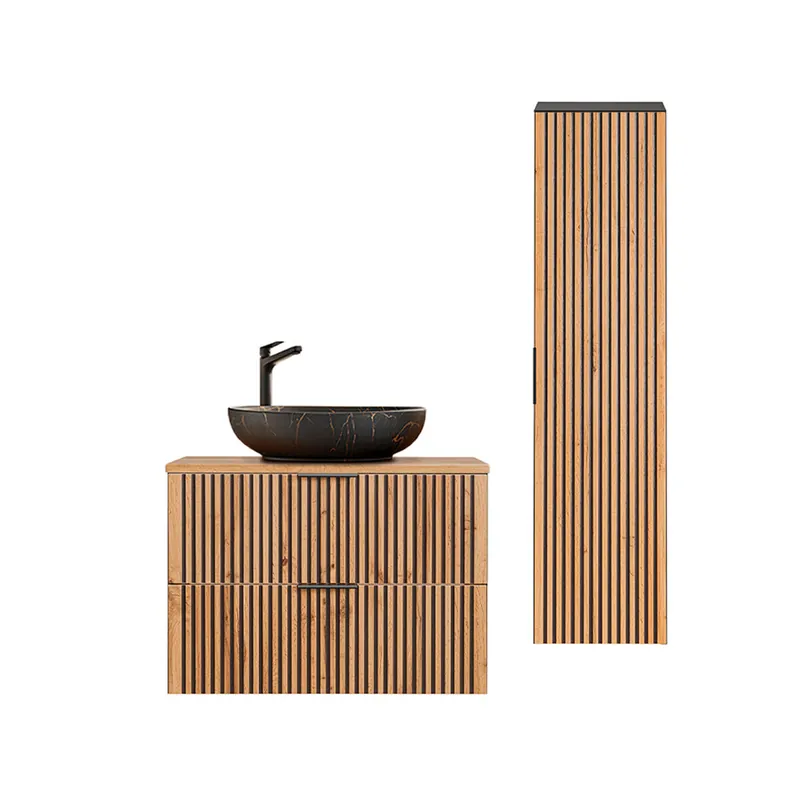 Conjunto de muebles con lavabo individual 80cm y columna Gaia Madera y Negro - Lavabo Negro