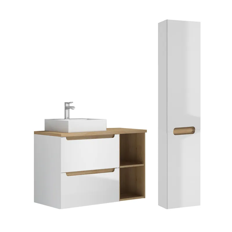 Conjunto de muebles con lavabo individual 90cm 2 compartimientos y columna Livia Blanco y Madera - Baño