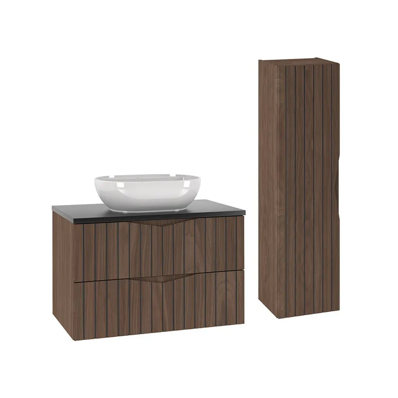 Conjunto de muebles con lavabo individual 80cm y columna Siena madera y negro - Baño