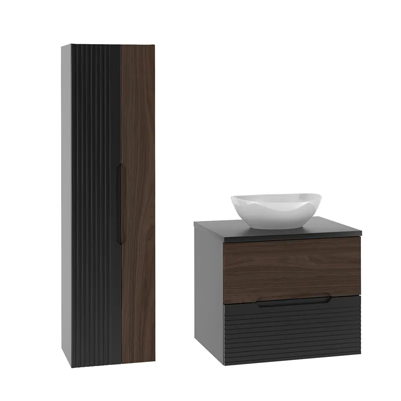Conjunto de muebles con lavabo individual 60cm y columna Sylla Negro y madera - Baño