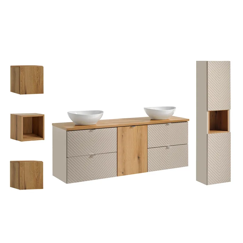 Conjunto de muebles doble lavabo 160cm columna y 3 armarios de pared Manoa Cachemira y madera - Baño