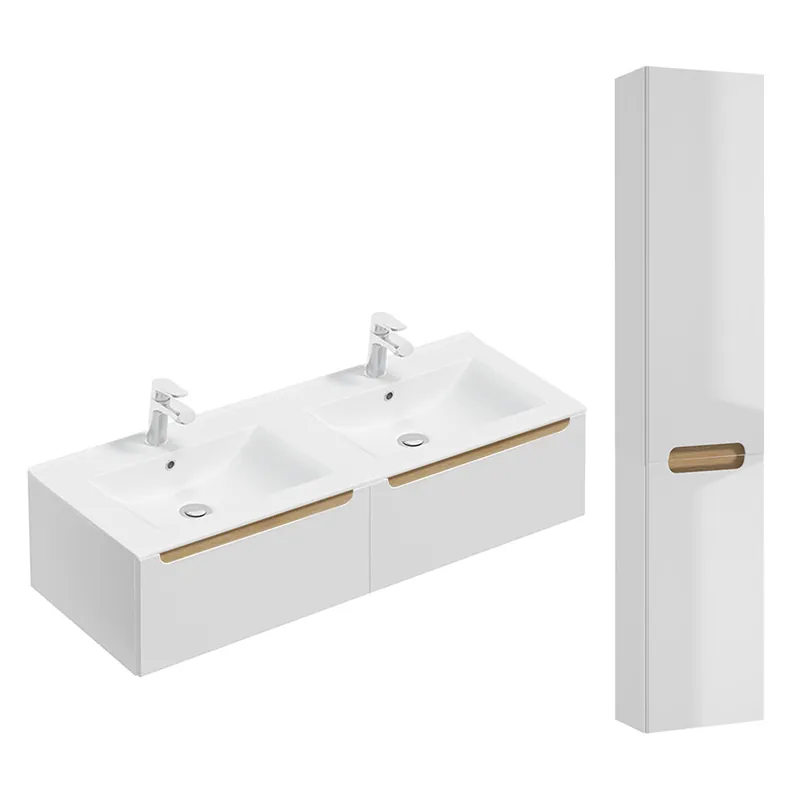 Conjunto de muebles con doble lavabo encastrado 120cm 2 cajones y columna Livia Blanco y Madera - Baño