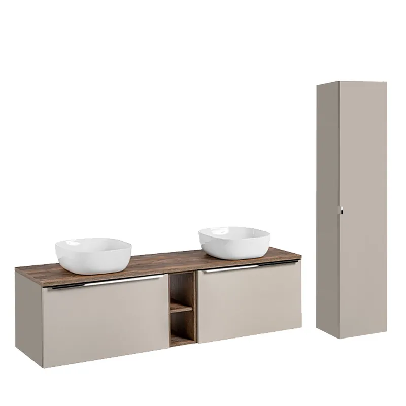 Conjunto de muebles con lavabo doble 180cm 2 compartimientos y columna Éros Topo - Baño