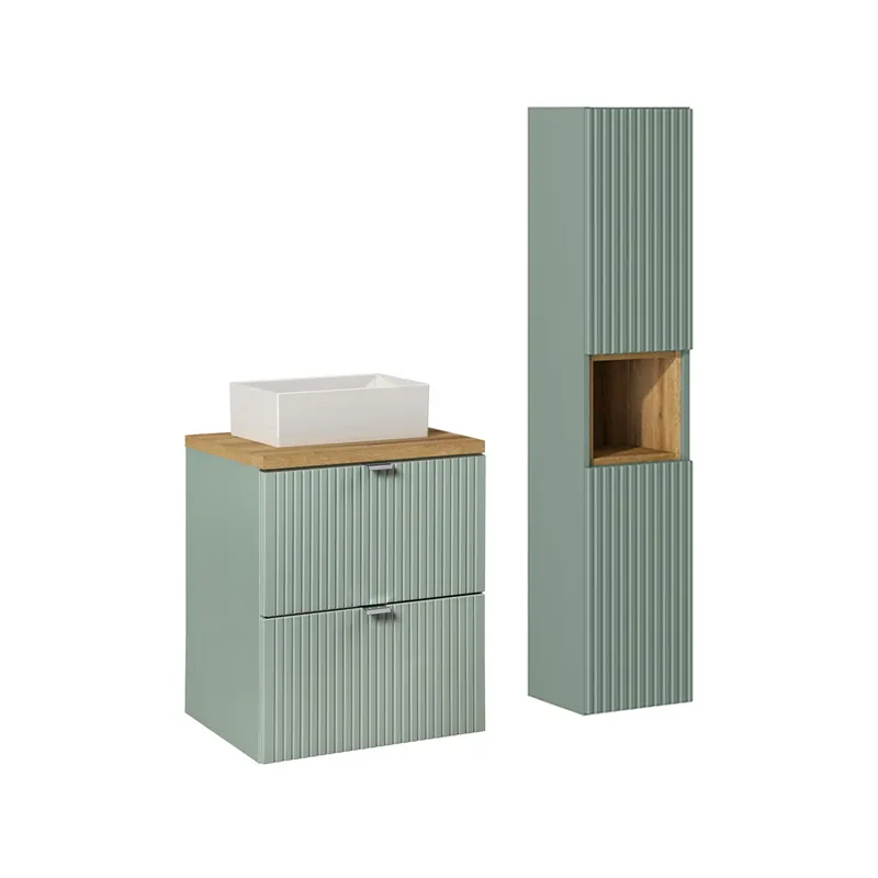 Conjunto de muebles lavabo individual 50cm 2 cajones y columna Jade Verde y Madera - Baño