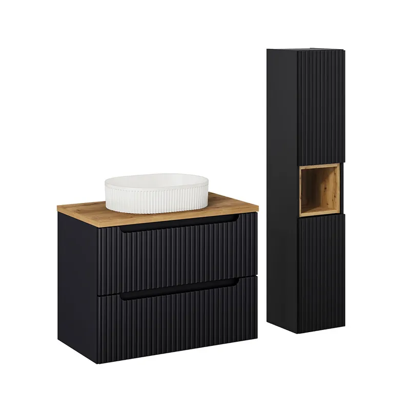 Conjunto de muebles con lavabo individual 80cm 2 cajones y columna Riva Cachemira y Madera - Baño