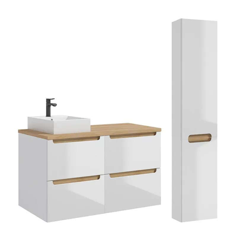 Conjunto de muebles lavabo individual 120cm 4 cajones y columna Livia Blanco y Madera - Baño