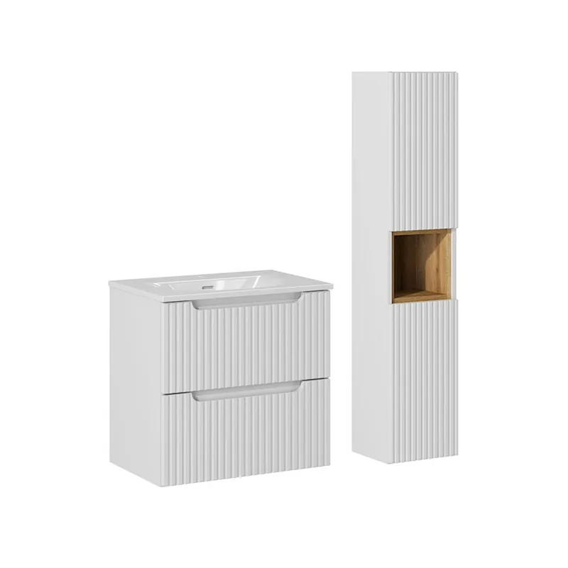 Conjunto de muebles con lavabo individual encastrado 60cm 2 cajones y columna Riva Cachemira y Madera - Baño