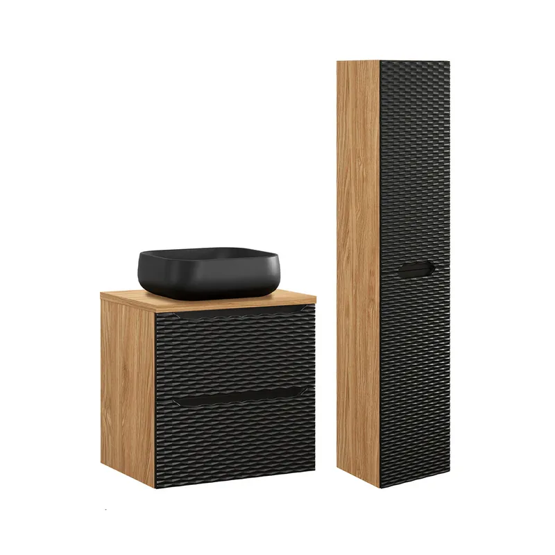 Conjunto de muebles con lavabo individual 60cm y columna Elora Beige y madera - Baño