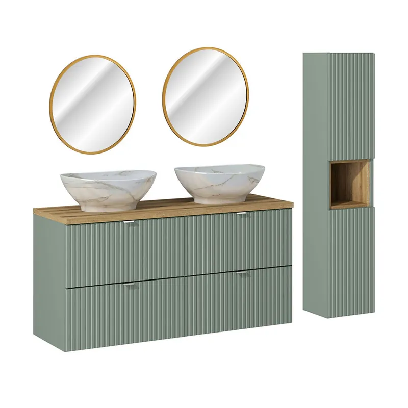 Conjunto de muebles con lavabo doble 120cm 4 cajones espejos LED y columna Jade Verde y Madera - Baño