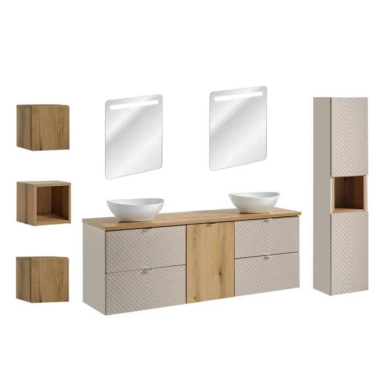 Conjunto de muebles con doble lavabo 160cm espejos LED columna y 3 armarios de pared Manoa de Cachemira y madera - Baño