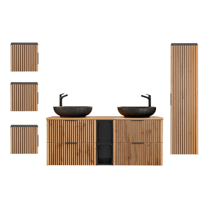 Conjunto de muebles con doble lavabo 140cm 2 compartimientos columna y 3 armarios de pared Gaia Madera y Negro - Lavabo
