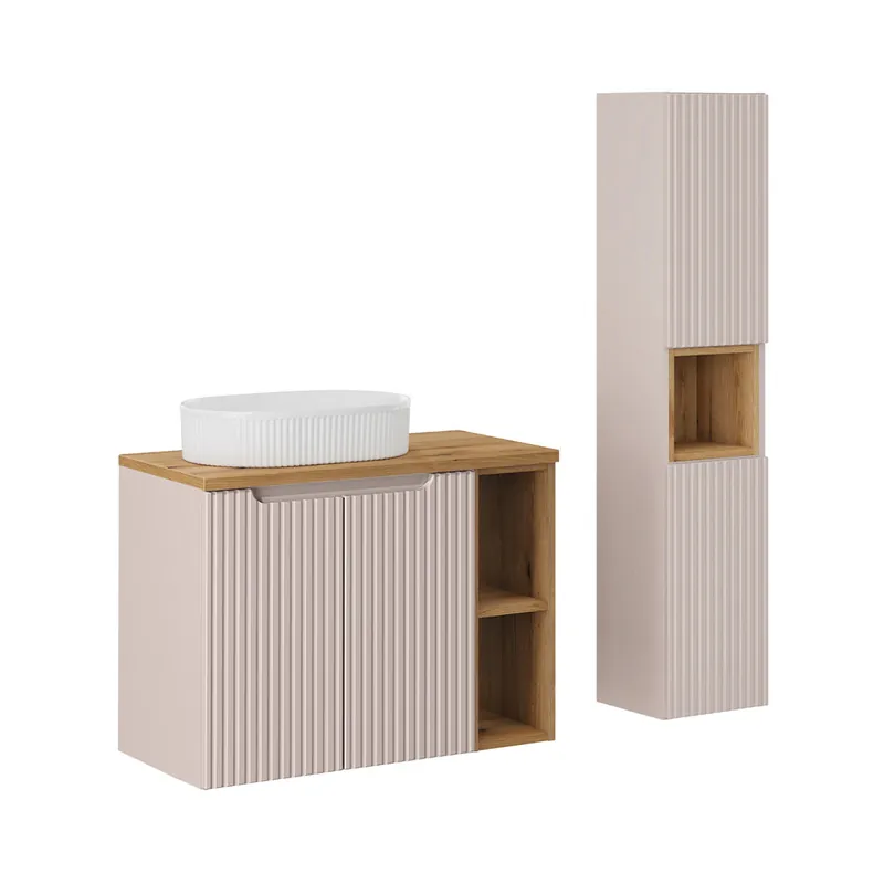 Conjunto mueble lavabo individual 80cm 2 puertas 2 compartimientos y columna Riva Cachemira y Madera - Baño