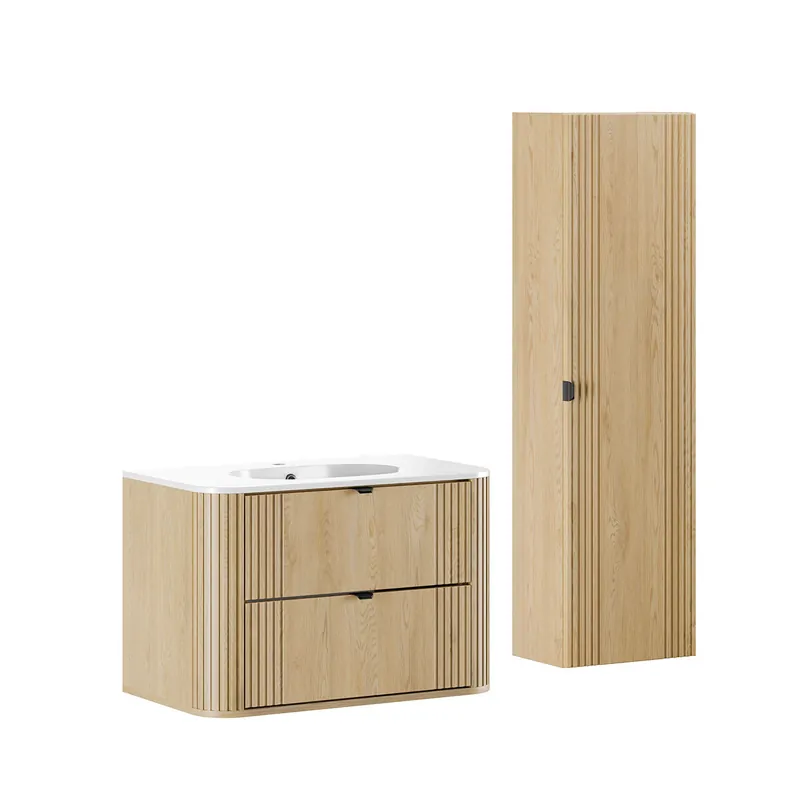 Conjunto mueble de lavabo individual encastrado 80 cm y columna Mila Madera - Baño