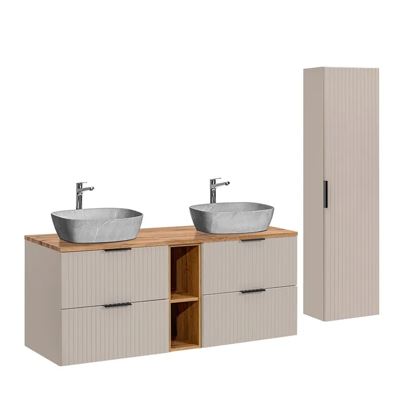 Conjunto de muebles con doble lavabo 140cm 2 compartimientos y columna Adriel Cachemira Madera y imitación Piedra - Baño