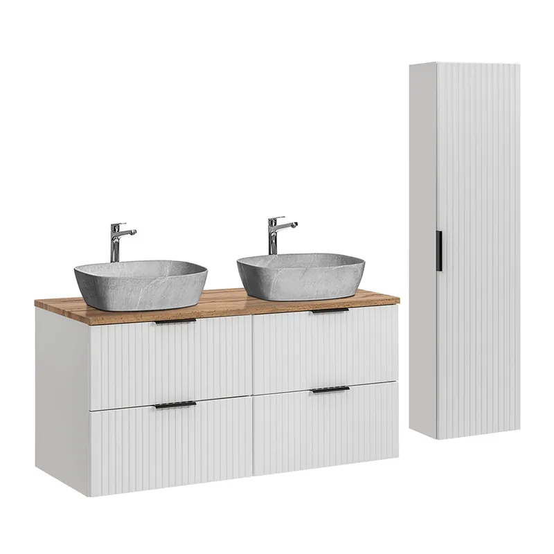 Conjunto mueble doble lavabo 120cm y columna Adriel Blanco y imitación Piedra - Baño