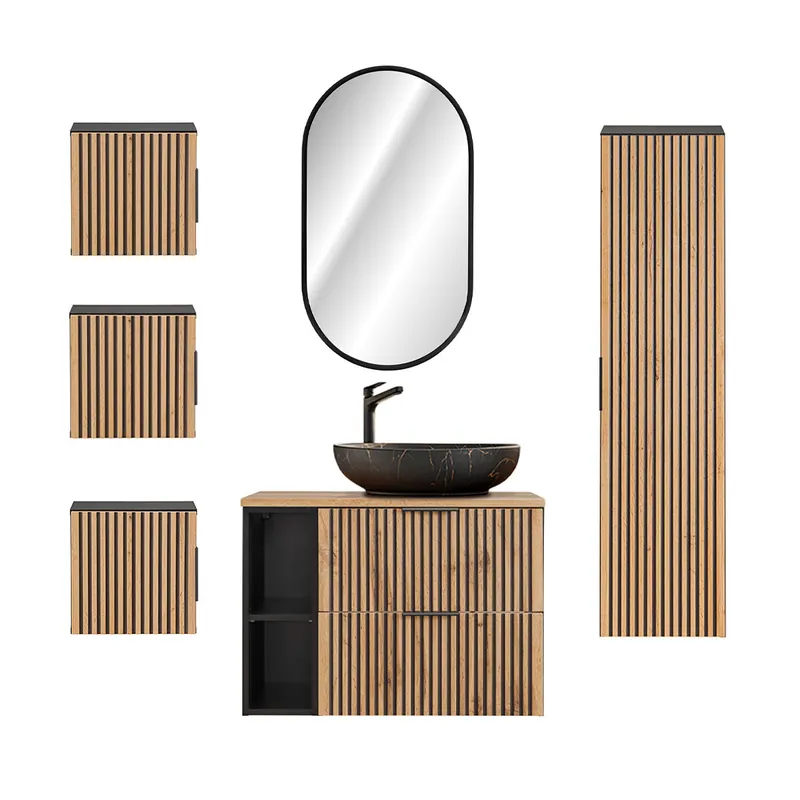 Conjunto mueble lavabo individual 80cm 2 compartimientos espejo LED columna y 3 armarios de pared Gaia Madera y Negro -