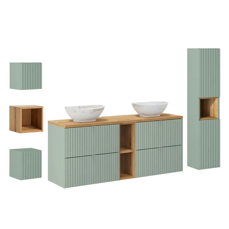 Conjunto mueble lavabo doble 140cm 4 cajones 2 compartimientos columna y 3 armarios de pared Jade Verde y Madera - Baño