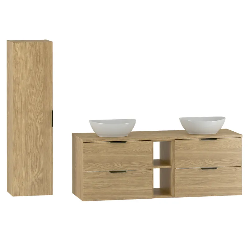 Conjunto mueble lavabo doble 140cm 2 compartimientos y columna Astrid Madera - Baño