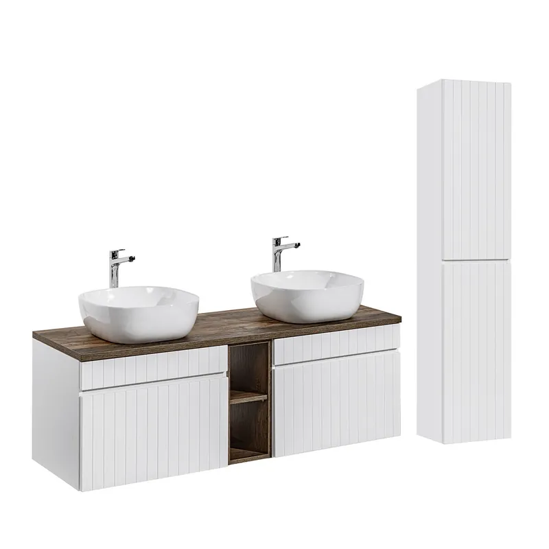 Conjunto mueble lavabo doble 140cm 2 nichos y columna Zelie Blanco y Madera - Baño
