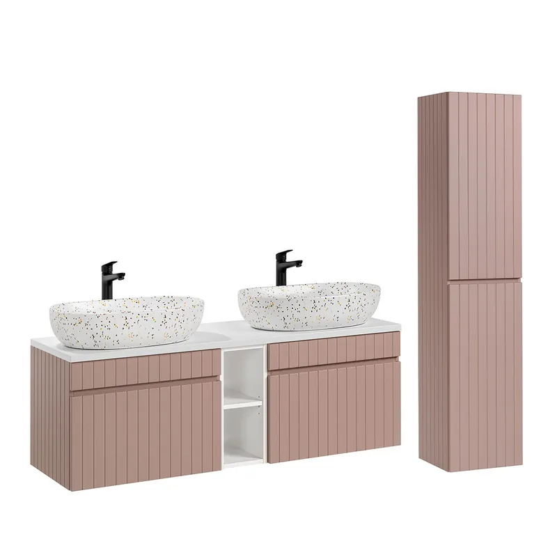 Conjunto mueble lavabo doble 140cm 2 nichos y columna Zelie Rosado y Blanco - Baño