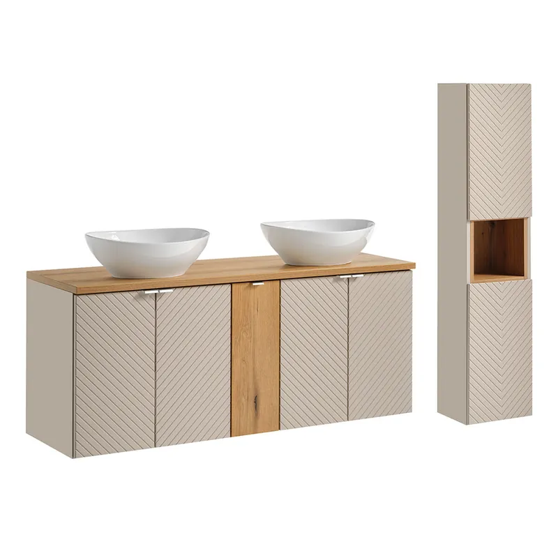 Conjunto mueble lavabo doble 140cm 5 puertas y columna Manoa Cachemira y Madera - Baño