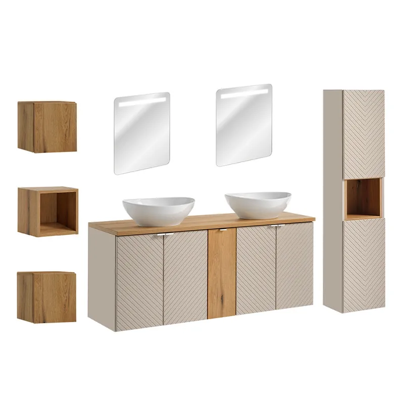 Conjunto mueble lavabo doble 140cm 5 puertas espejos LED columna y 3 armarios murales Manoa Cachemira y Madera - Baño