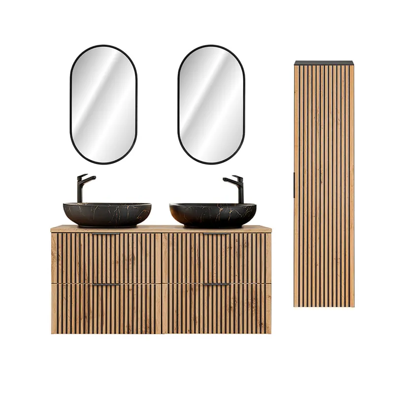Conjunto mueble lavabo doble 120cm espejos LED y columna Gaia Madera y Negro - Lavabo Negro