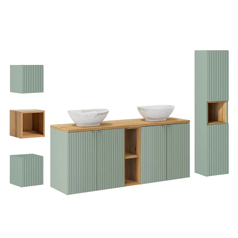 Conjunto mueble lavabo doble 140cm 4 puertas 2 compartimientos y 3 armarios de pared Jade Verde y Madera - Baño