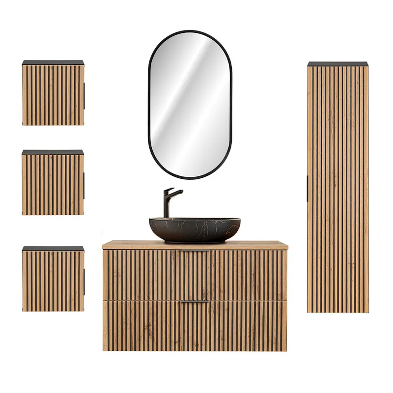 Conjunto mueble lavabo individual 100cm espejo LED y 3 armarios de pared Gaia Madera y Negro - Lavabo Negro