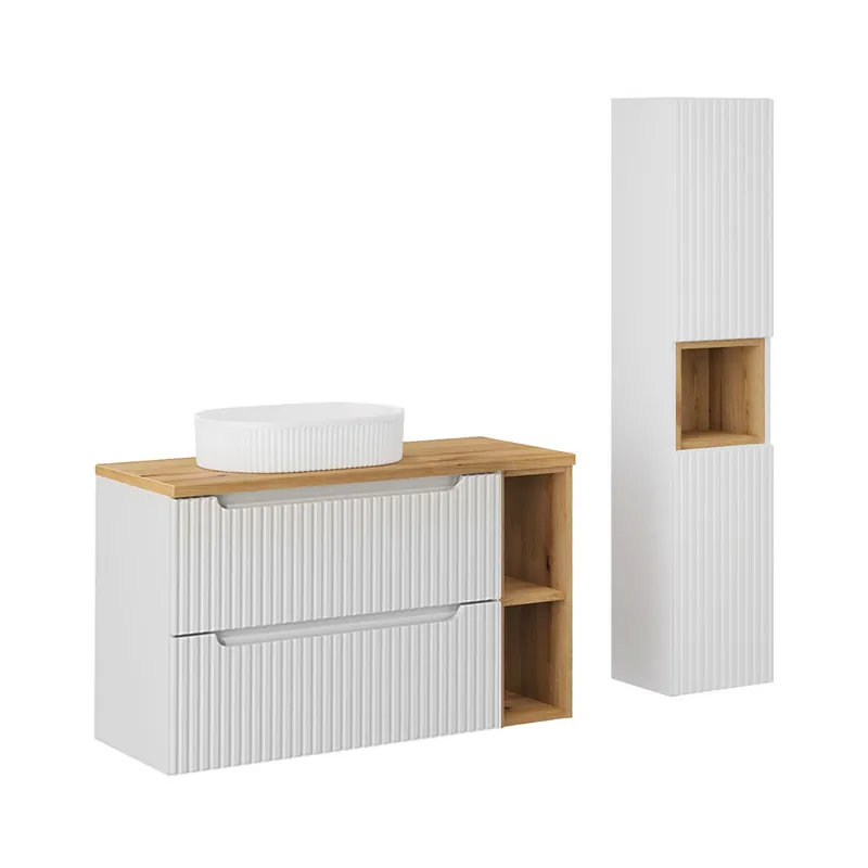 Conjunto mueble lavabo individual 100cm 2 cajones 2 compartimientos y columna Riva Blanco y Madera - Baño