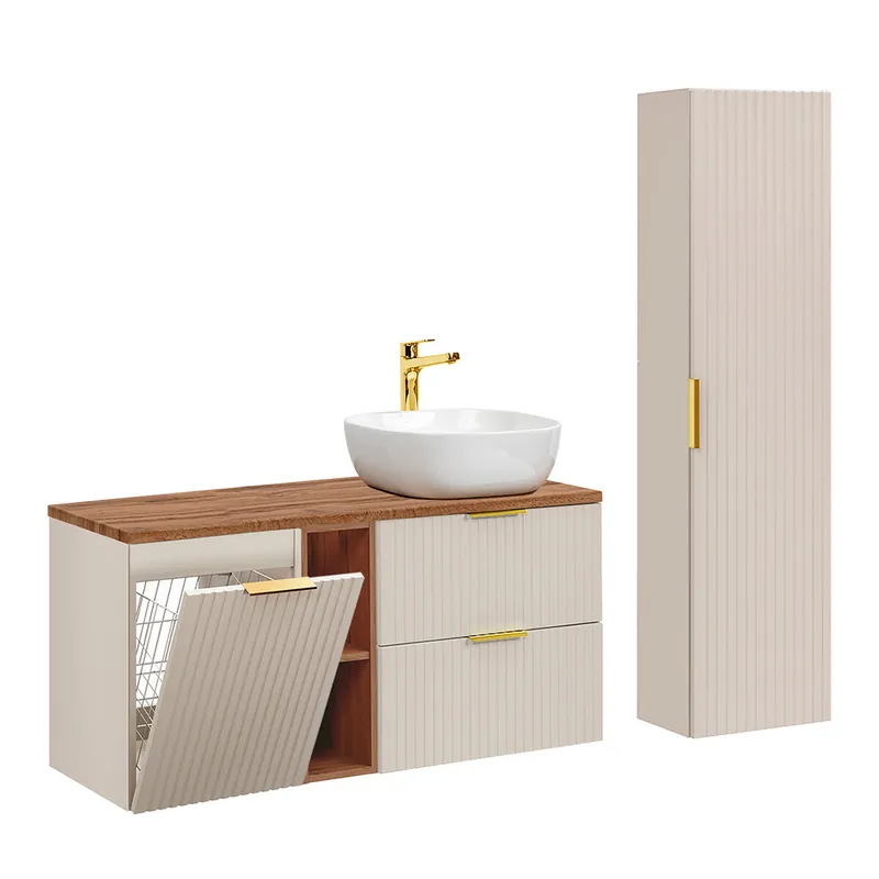 Conjunto mueble lavabo individual 120cm 2 compartimientos cesto de ropa y columna Adriel Cachemira y Madera - Baño