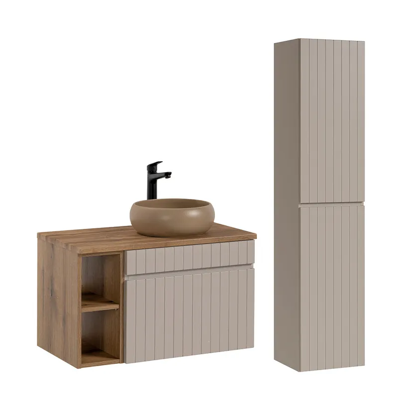Conjunto mueble lavabo individual 80 cm con 2 nichos y columna Zelie Cachemira y Madera - Baño
