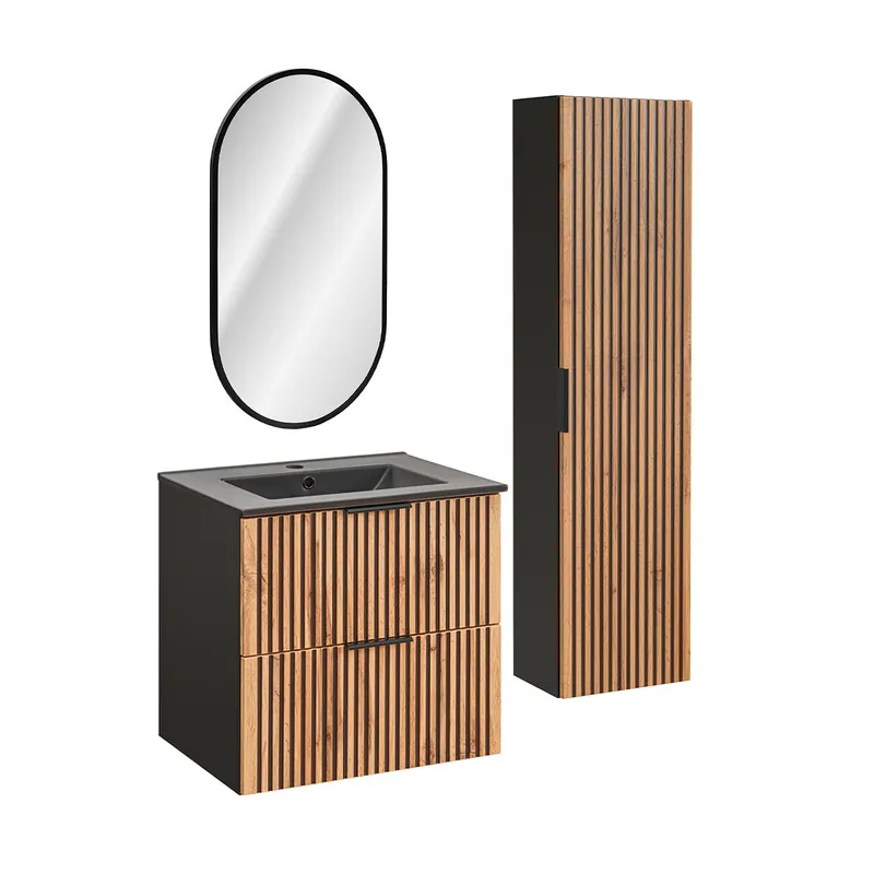 Conjunto mueble lavabo individual encastrado 60cm espejo LED y columna Gaia Madera y Negro - Lavabo Negro