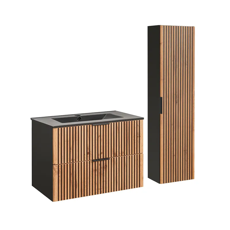 Conjunto mueble lavabo individual encastrado 80cm y columna Gaia Madera y Negro - Lavabo Negro