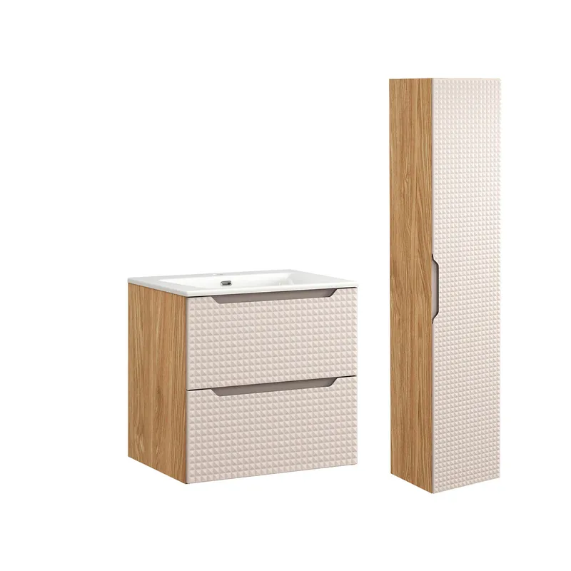 Conjunto mueble lavabo individual encastrado 60cm y columna Mallory Beige y madera - Baño