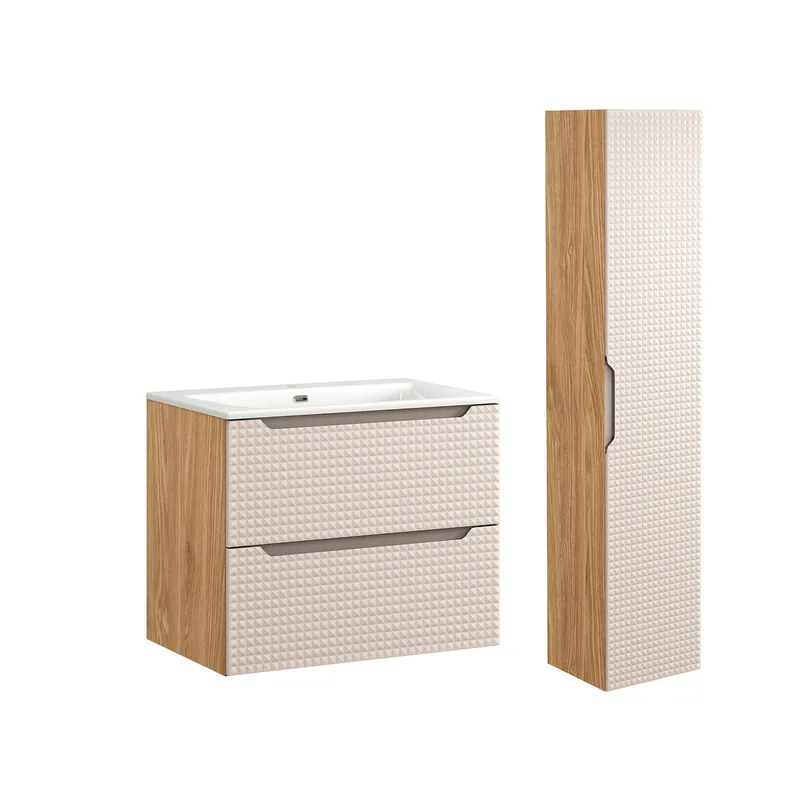 Conjunto mueble lavabo individual encastrado 70cm y columna Mallory Beige y madera - Baño