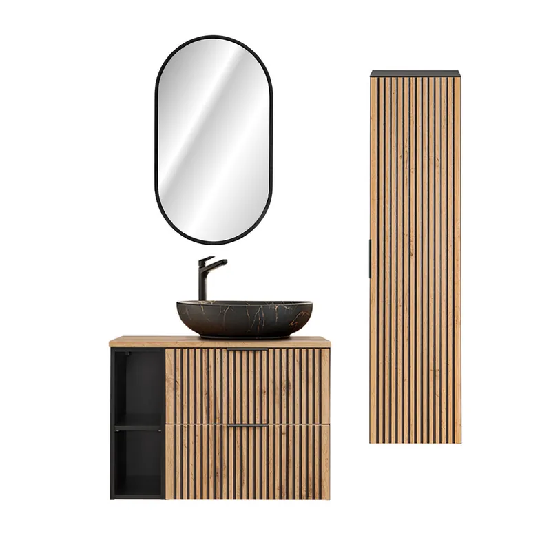 Conjunto mueble lavabo individual 80cm 2 compartimientos espejo LED y columna Gaia Madera y Negro - Lavabo Negro