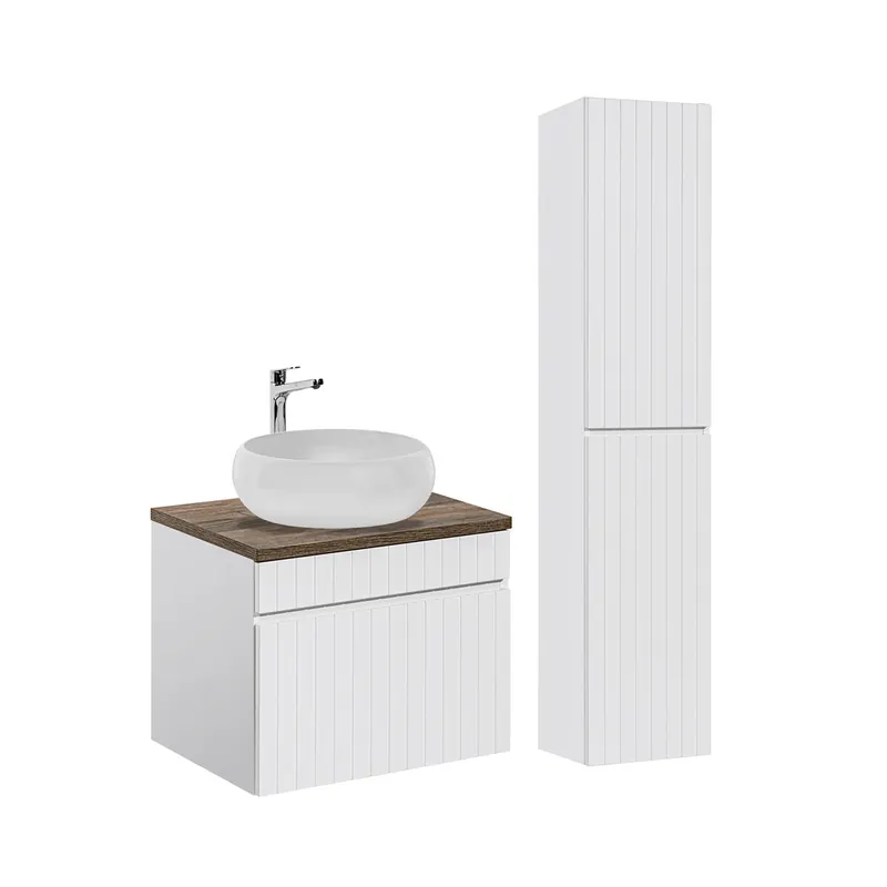 Conjunto mueble lavabo individual redondo 60cm y columna Zelie Blanco y Madera - Baño