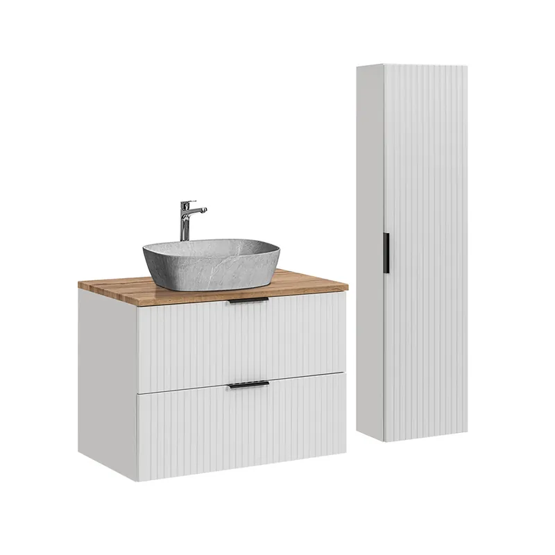 Conjunto mueble lavabo individual 80cm y columna Adriel Blanco y imitación piedra - Baño