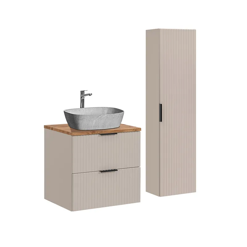 Conjunto de muebles con lavabo individual 60cm y columna Adriel Cachemira Madera y imitación Piedra - Baño