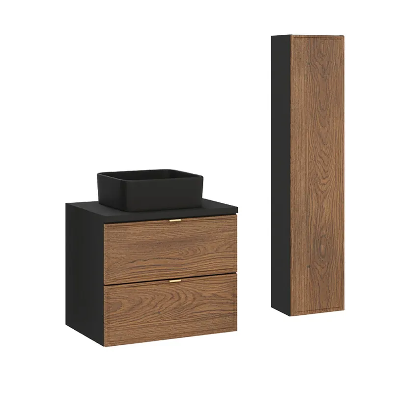 Conjunto mueble lavabo individual 60cm y columna Elena Madera y negro - Baño