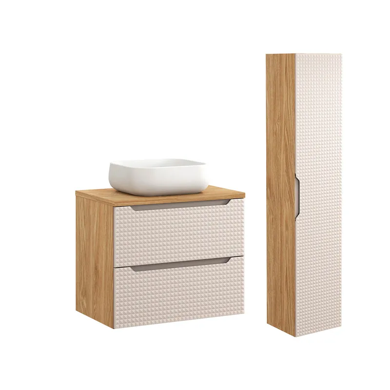 Conjunto mueble lavabo individual 70cm y columna Mallory Beige y madera - Baño