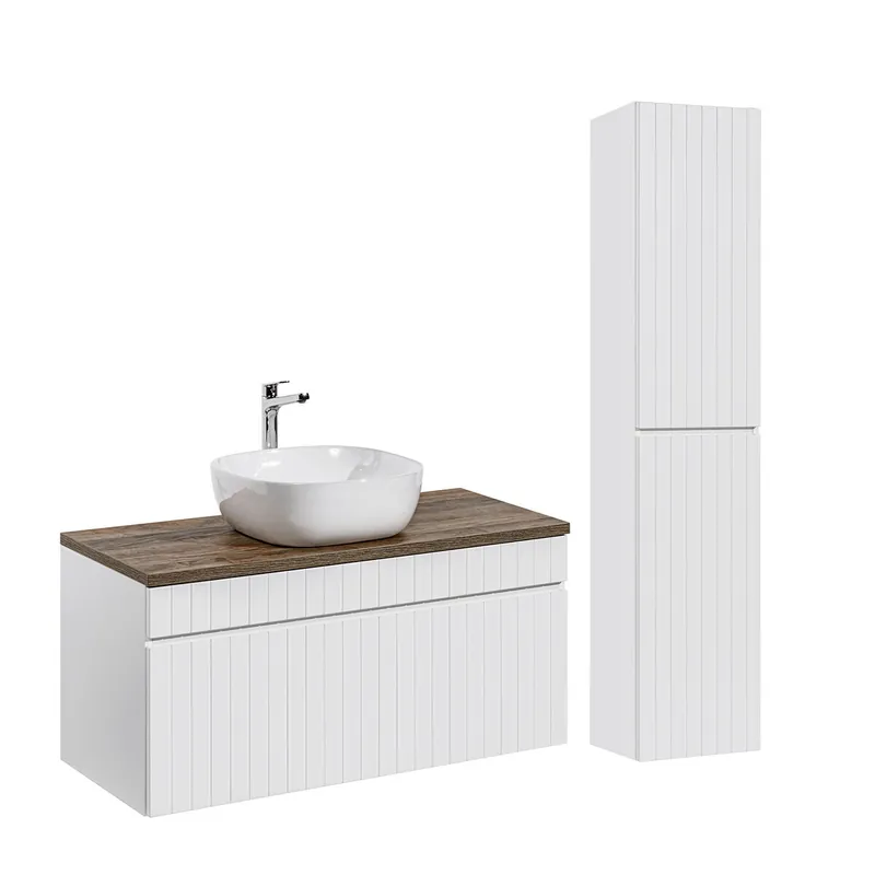 Conjunto mueble lavabo individual 100cm y columna Zelie Blanco y Madera - Baño