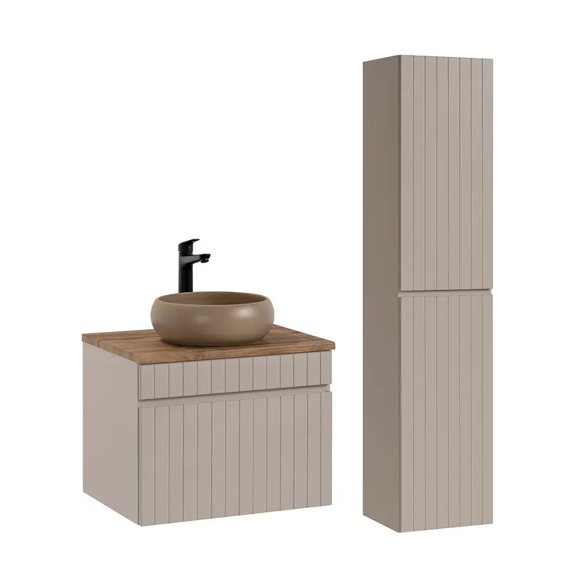 Conjunto mueble lavabo individual 60 cm y columna Zelie Cachemira y Madera - Baño