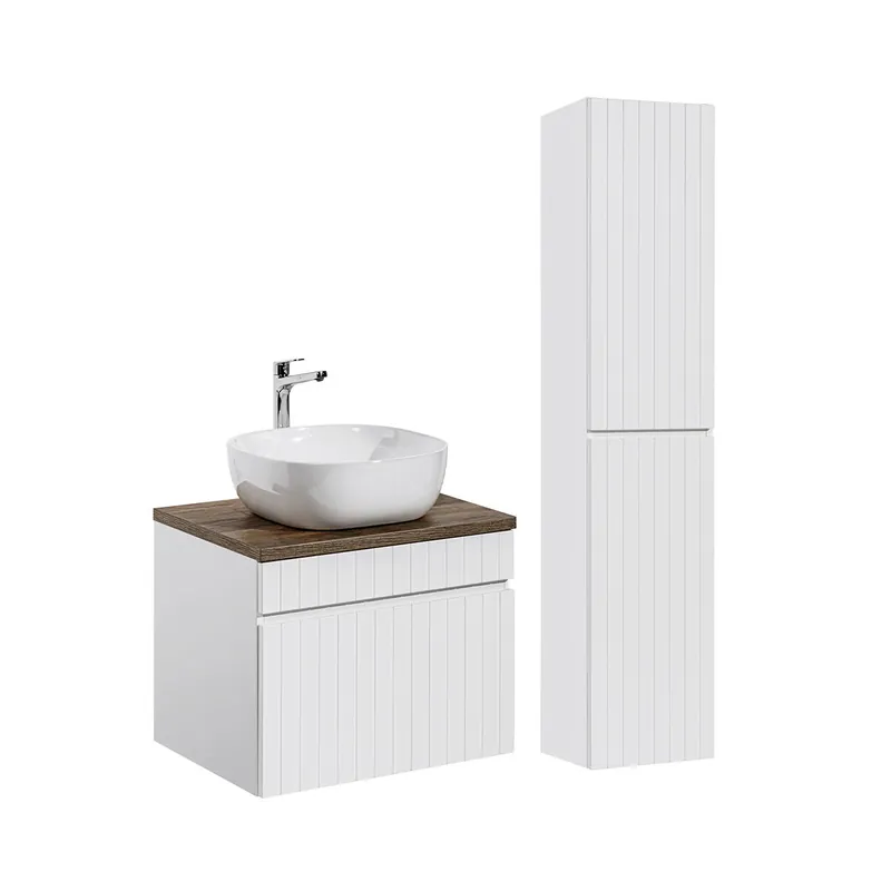 Conjunto mueble lavabo individual 60cm y columna Zelie Blanco y Madera - Baño